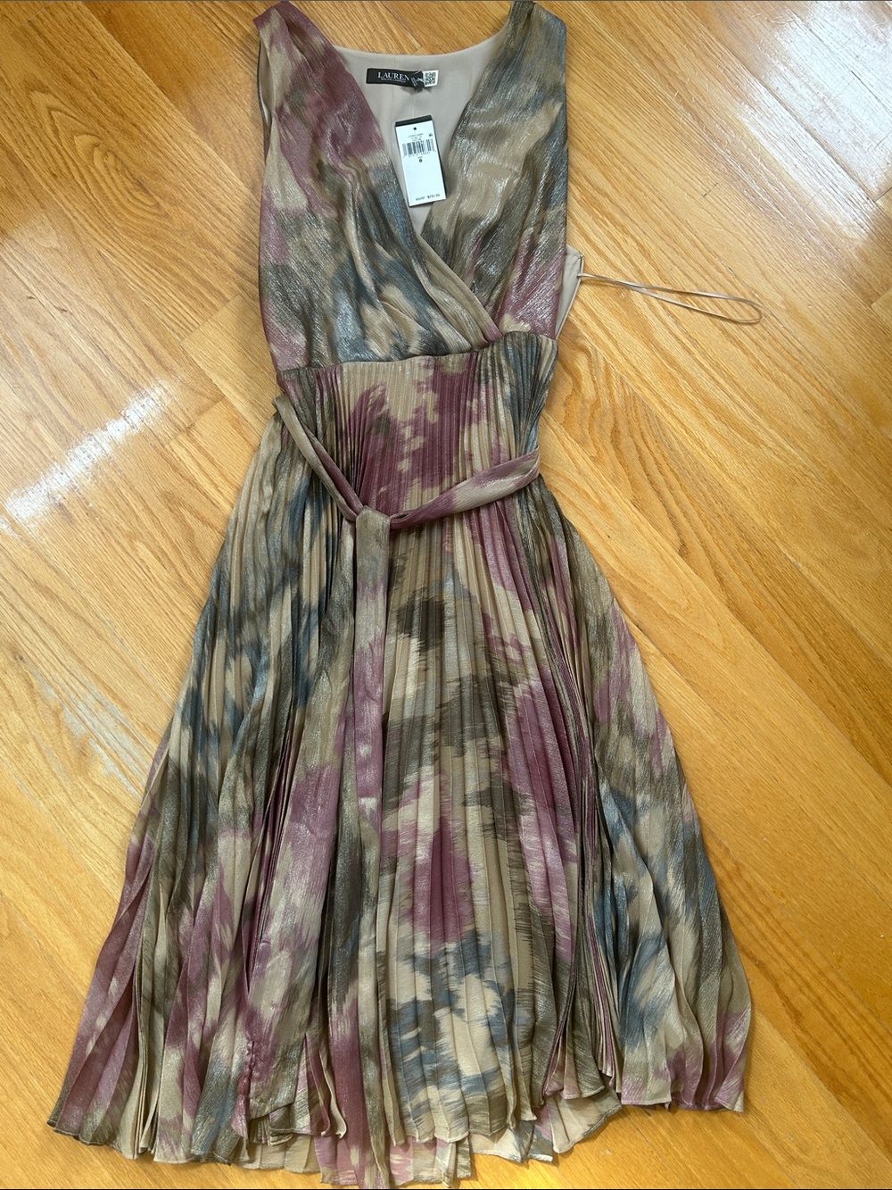 Lauren Ralph Lauren Pleated Wrap Midi Dress in Olive, Mauve, Taupe BRAND NWT